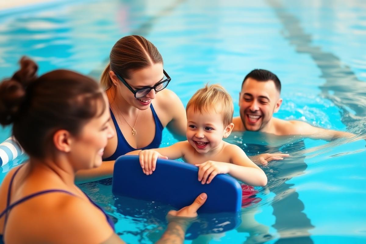 Aula de natação infantil em Guarulhos com professora auxiliando criança com prancha na piscina