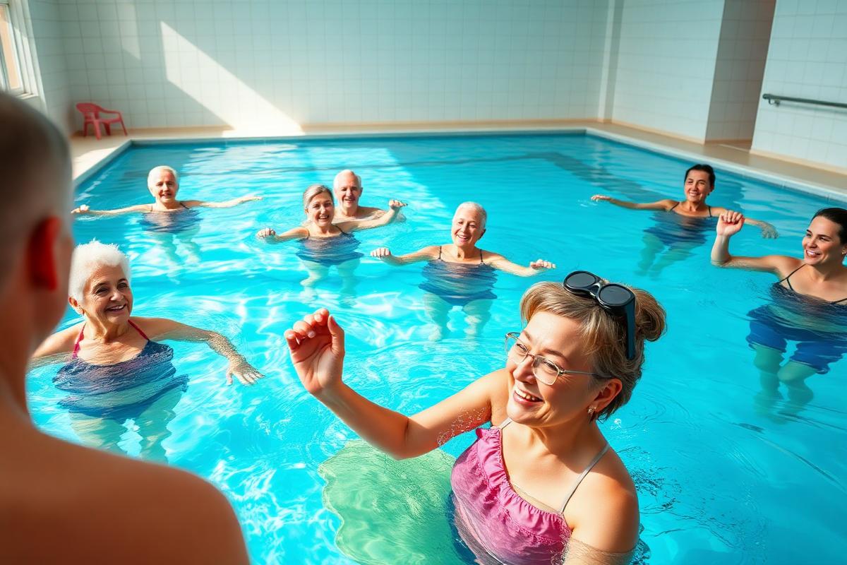 Turma de hidroginástica em Guarulhos com adultos e idosos exercitando-se na piscina