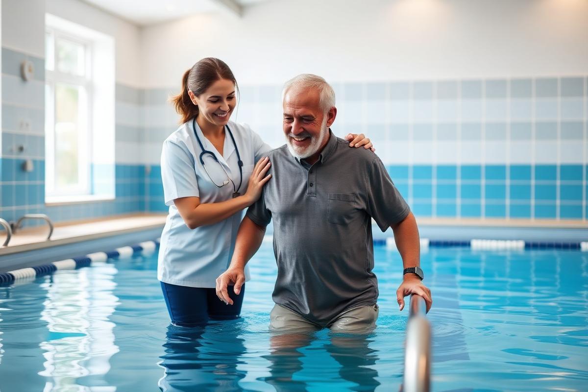 Fisioterapeuta auxiliando idoso em atividade de reabilitação na piscina em Guarulhos